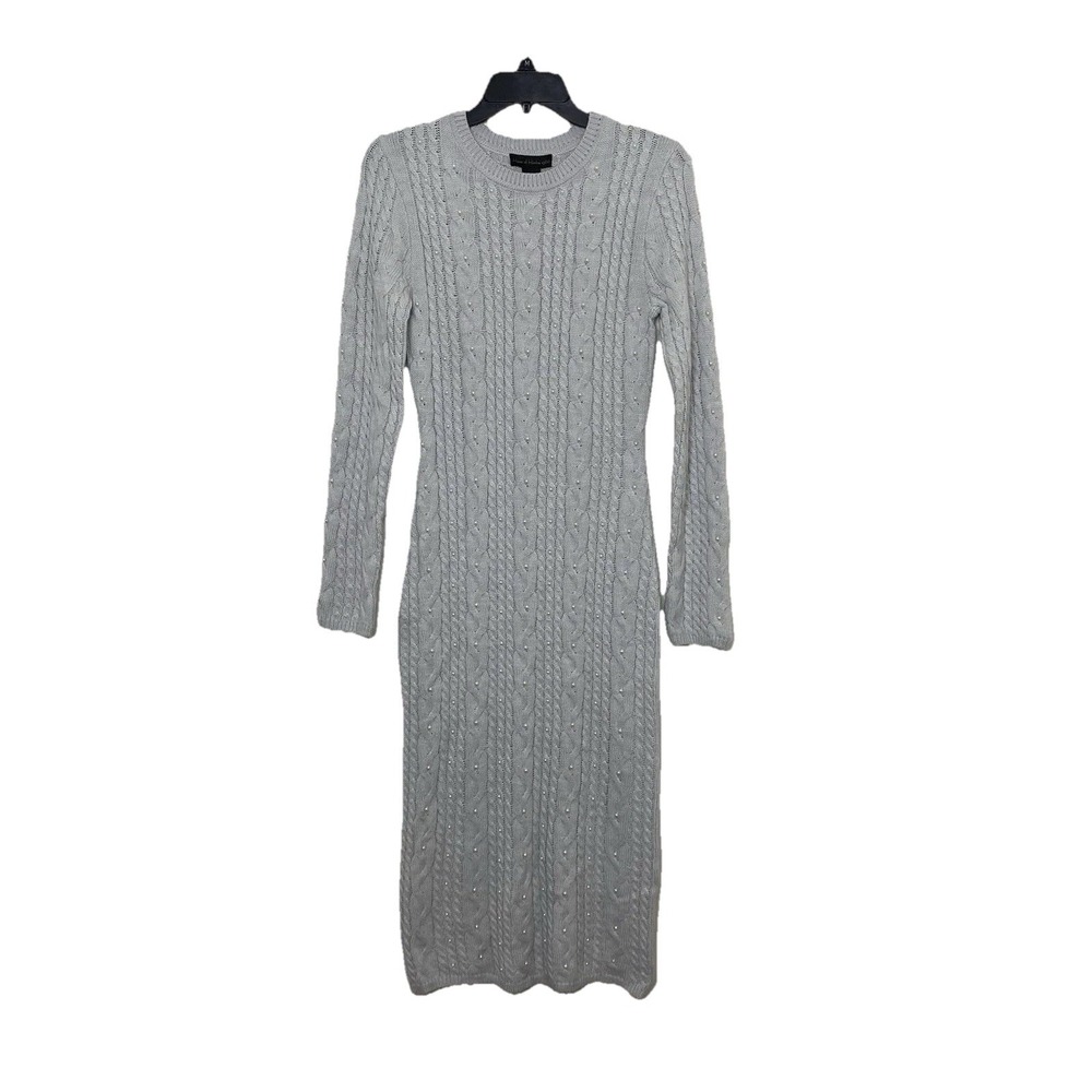 House of Harlow 1960 Long Sleeve Pearl Embellished Knit Sweater Dress XS Gray